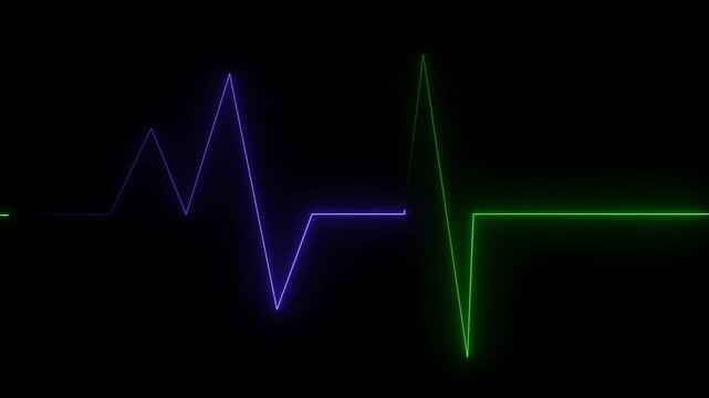 Abstract Neon Heartbeat EKG Pulse Line with Green and Purple Glow on Black Background, Seamless Loop