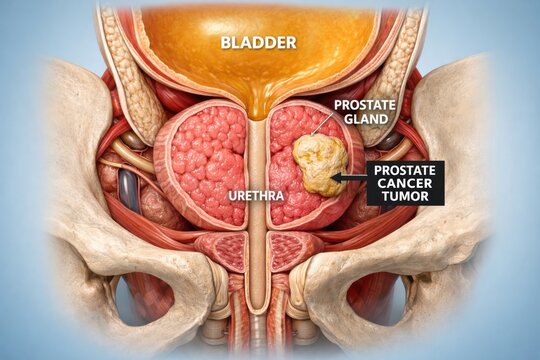 Anatomical illustration of prostate cancer tumor near bladder and urethra.