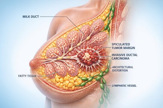 Detailed illustration of invasive ductal carcinoma in a female breast, showing tumor margins, milk ducts, and lymphatic vessels.
