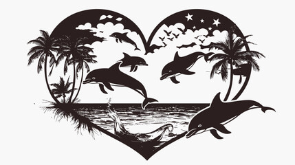 Dolphins jumping in ocean heart shape silhouette graphic design vector illustration