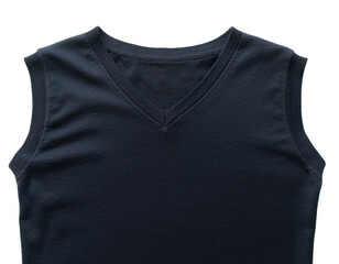 Close-up of a navy blue, sleeveless V-neck garment