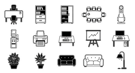 Collection of Office Furniture and Equipment Icons.