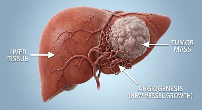 Detailed 3D Medical Illustration of Liver Tissue with a Tumor Mass and Angiogenesis, Highlighting New Vessel Growth.