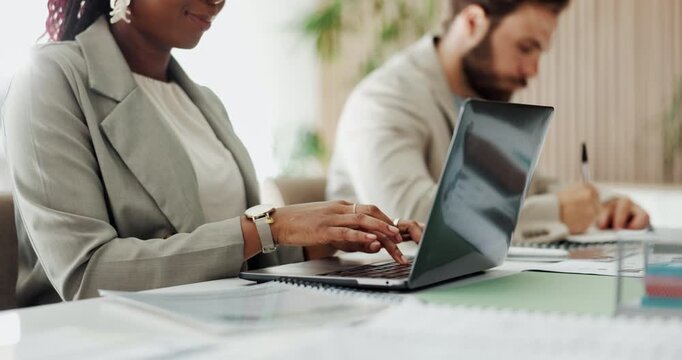 Hands, woman and laptop with document in office for editing manuscript, publication and coworking. Staff, female journalist and tech with paperwork at media agency for typing article and submission