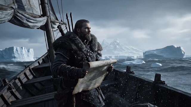 Norse Explorer Navigating Rough Arctic Seas with Ancient Map
