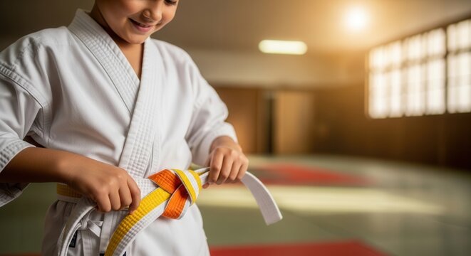 A young boy tying his orange and yellow martial arts belt, wearing a white gi, smiling. Blurred indoor dojo background with warm sunlight.