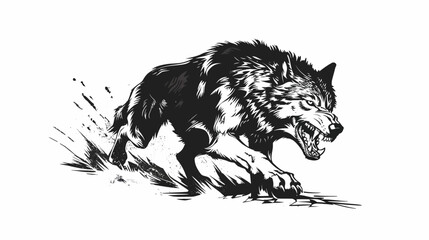 Obraz premium Dynamic black and white illustration of a running wolf isolated on white background