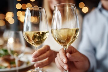 A close-up of two wine glasses filled with white wine, held by a couple at dinner, with warm bokeh lights in the background creating a romantic atmosphere.