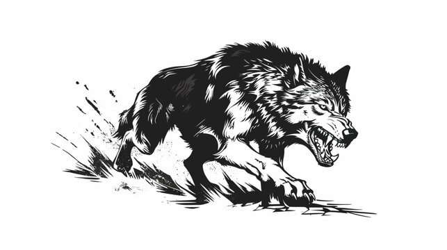 Dynamic black and white illustration of a running wolf isolated on white background
