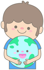 Cute Pastel Boy Hugging Globe for Earth Day Celebration