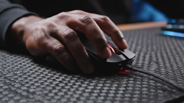 A skilled gamer expertly navigates their gaming mouse on a sleek, textured mouse pad, surrounded by a colorful backdrop of LED lights illuminating an engaged and competitive atmosphere.