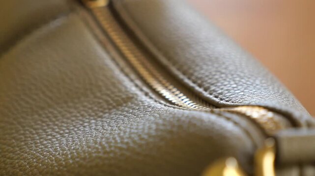 Close-up of a hand unzipping and zipping a stylish, light olive green leather fanny pack with a gleaming gold zipper, showcasing the detailed texture of the leather fabric