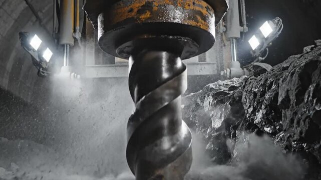 Close-up of a large drill bit boring through rock and creating dust in an underground mining tunnel