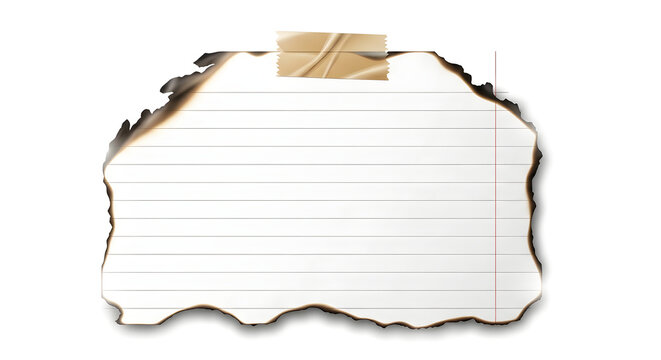 burnt and torn lined notebook paper with tape on transparent background for design element use