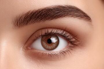 Obraz premium Close-up of a hazel human eye with long eyelashes, and a well-groomed eyebrow, conveying beauty, health, and attention to personal appearance and eye care.
