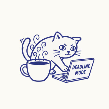 Vector Line Art Cat Character Drinking Coffee and Working on Laptop with Deadline Mode Text for Freelance Productivity Concept