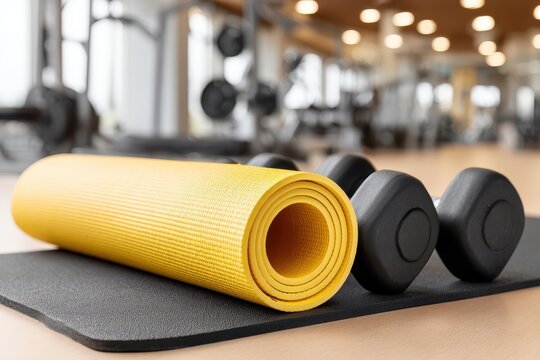 Rolled yellow yoga mat with dumbbells on a black mat in a fitness studio, healthy lifestyle and workout concept, equipment for sport and fitness.
