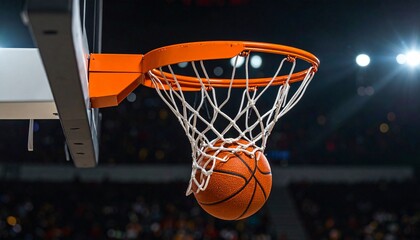 Fototapeta premium A thrilling moment as a basketball swishes through the net, capturing the excitement of the game in a close-up, dynamic shot
