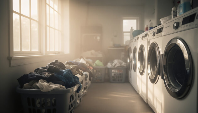 Sunlit Laundry Room with Washing Machines and Clothes Baskets