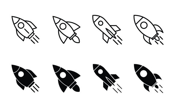Collection of rocket ship icons in outline and solid styles launching with motion trails