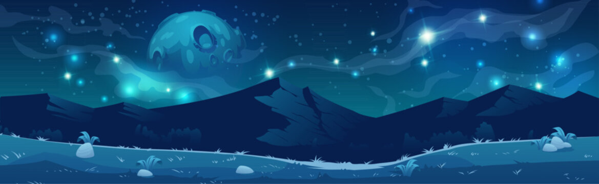 Mountain landscape with moon, stars and milky way