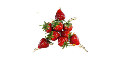 Fresh red strawberries with green tops arranged in a triangle on black