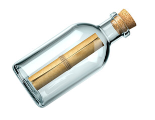 A clear glass bottle with a cork containing a rolled message