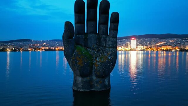 Giant Concrete Hand Sculpture Rising From Blue Waters at Dusk with City Lights and Tranquil Reflection