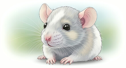 Cute fluffy rodent illustration, curious mouse with big ears, soft pastel background