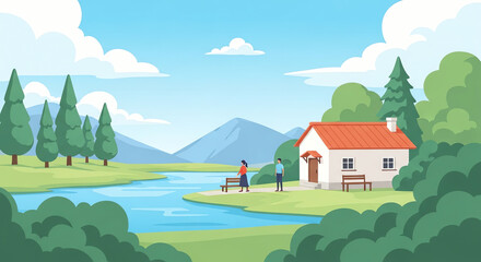 Peaceful Riverside Cottage with Greenery and Mountain Background