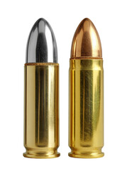 Two rifle cartridges are arranged side by side on a bright transparent background. One has a shiny silver casing, the other a gold brass casing. Both feature pointed copper projectiles.