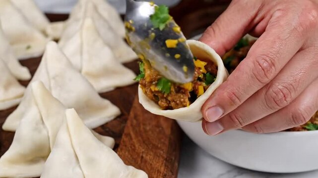Chef carefully fills samosa shells with flavorful meat and vegetable filling for a delicious snack