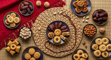 Assorted middle eastern sweets and nuts arranged on a woven mat