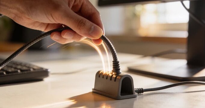 Hand connecting black cable to electrical device close up