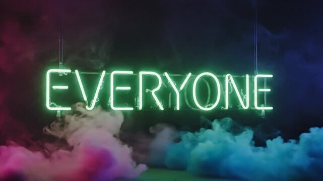 Neon sign spelling everyone with green light and smoke effects with colors of pink, green, and blue.