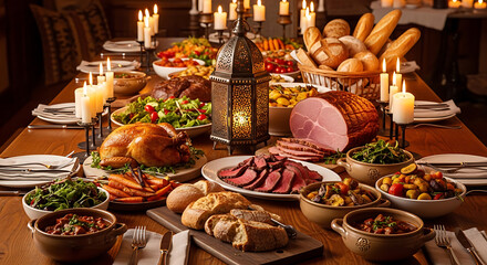 Fototapeta premium A lavish spread of meats and sides on a rustic wooden table
