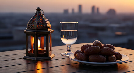 A serene evening scene with a lantern, dates, and a glass of wine on a rooftop.