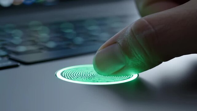 A close-up of a finger touching a glowing biometric sensor on a laptop demonstrates the fusion of technology and personal security.