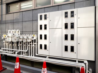 ビルの外壁に並ぶ複数のガスメーターと配電盤