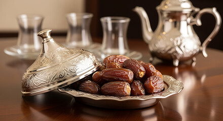 A silver tray with dates and a teapot set on a wooden table.