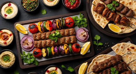 A vibrant spread of grilled kebabs, pita bread, and mediterranean dips on a dark table
