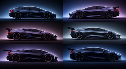 Six futuristic sports cars in a dark studio setting.