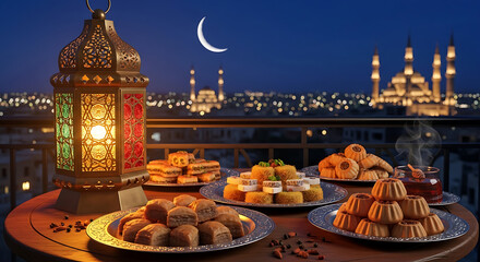 A vibrant nighttime scene in a middle eastern city with a table of traditional sweets