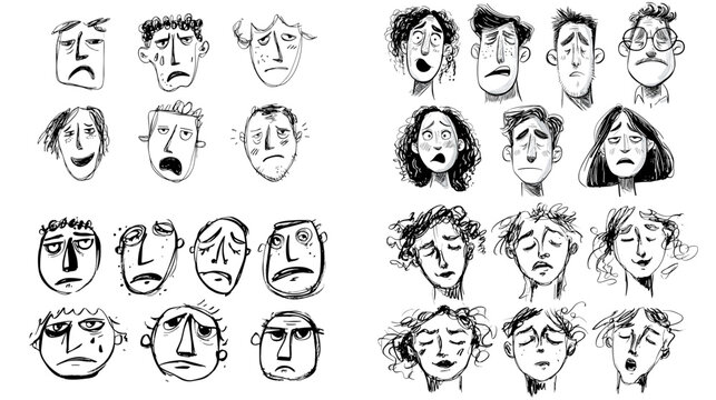 Hand drawn sad and emotional faces sketch collection. Pencil portrait studies showing anxiety, fear and surprise for comics, animation and character design.