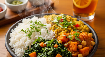 A vibrant and healthy meal featuring rice, vegetables, and chickpeas