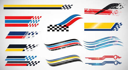 Collection of racing flags and checkered flag elements.