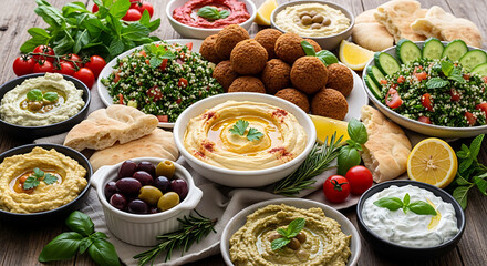 A vibrant spread of mediterranean meze dishes featuring hummus, falafel, and fresh vegetables.