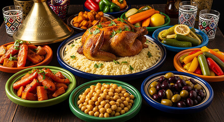 A vibrant spread of traditional moroccan cuisine featuring couscous, roasted chicken, and vegetables