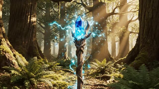 Mystical staff with a glowing crystal standing in an enchanted forest with bright sunlight filtering through the trees