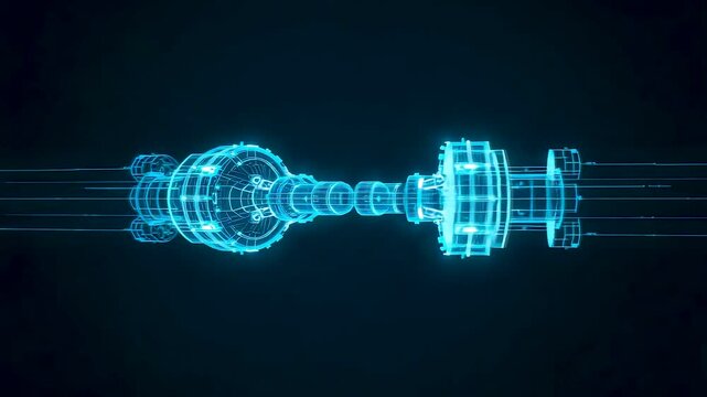 Glowing digital electric plug and socket connection with blue neon wireframe on dark technology themed scene
